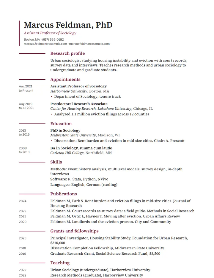 Academic CV template: dates in a left column with sections for appointments, education, publications, grants, teaching and conference presentations