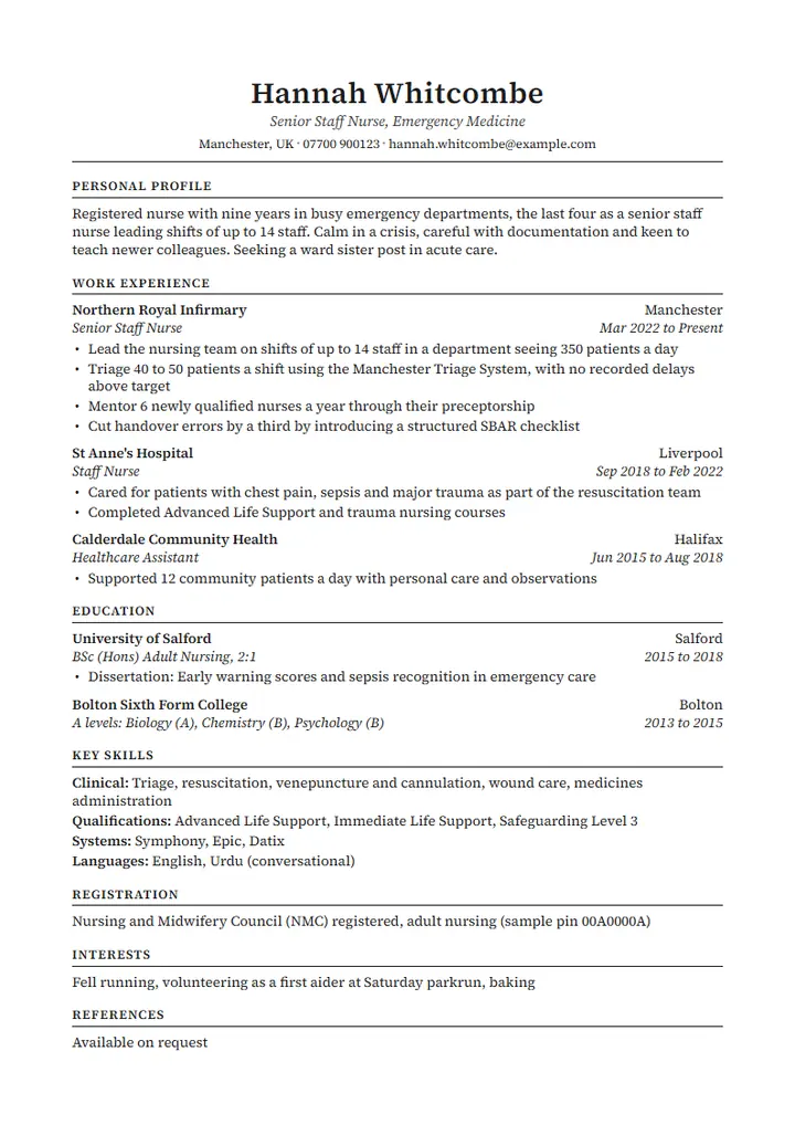 Classic CV template: a centered serif CV on A4 with a personal profile, work experience, education and key skills