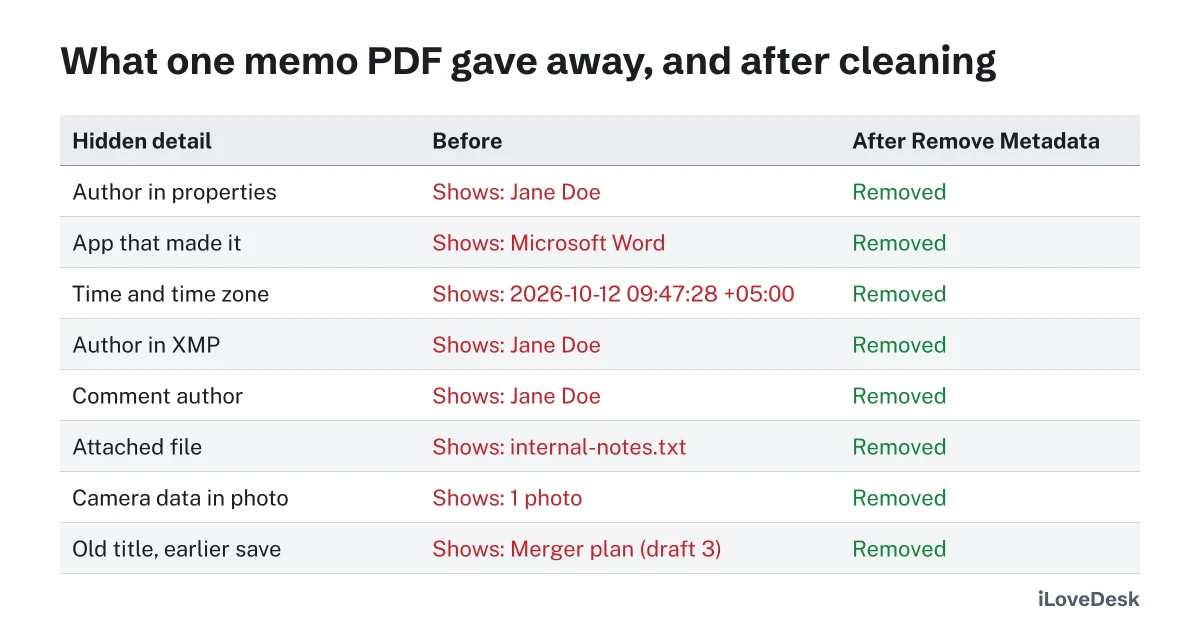 What PDF metadata reveals: eight hidden details in a test memo, before and after removing metadata