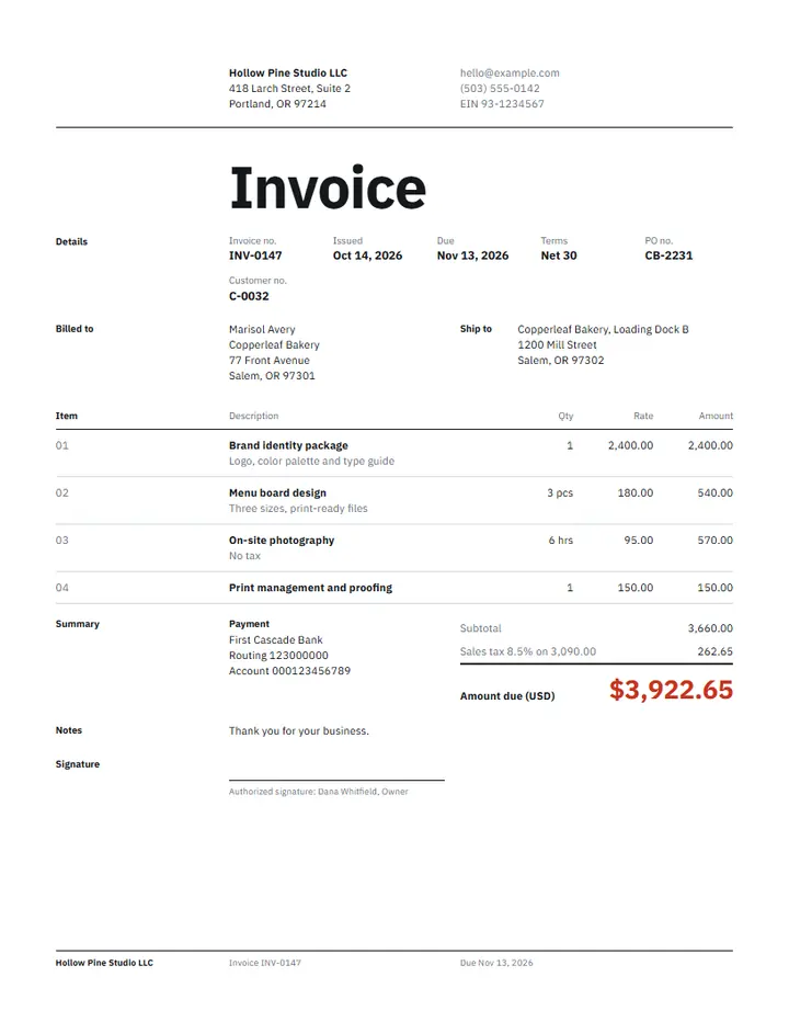 Freelance invoice template on the Studio design: a clean grid with a large title, deliverables, quantity, price and amount, and a recap of the amount due