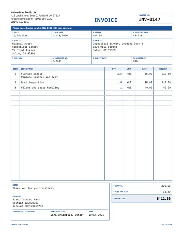 Hourly service invoice template on the Docket design: a boxed form with date, work done, hours, hourly rate and amount columns