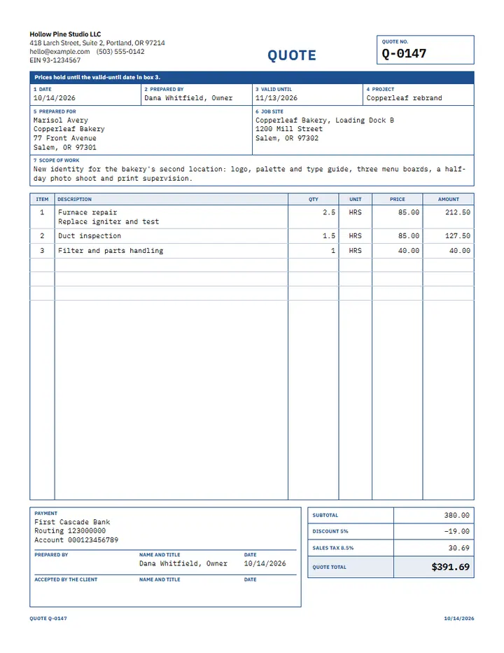 Service quote template on the Docket design: a boxed form with work to be done, hours, hourly rate and amount columns, a materials line and a total