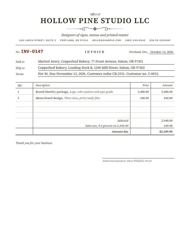 Simple invoice template on the Billhead design: an old-time billhead with description, quantity, price and amount columns, and a total