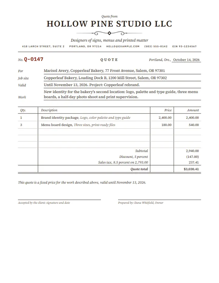Simple quote template on the Billhead design: an old-time billhead with description, quantity, price and amount columns, and a total