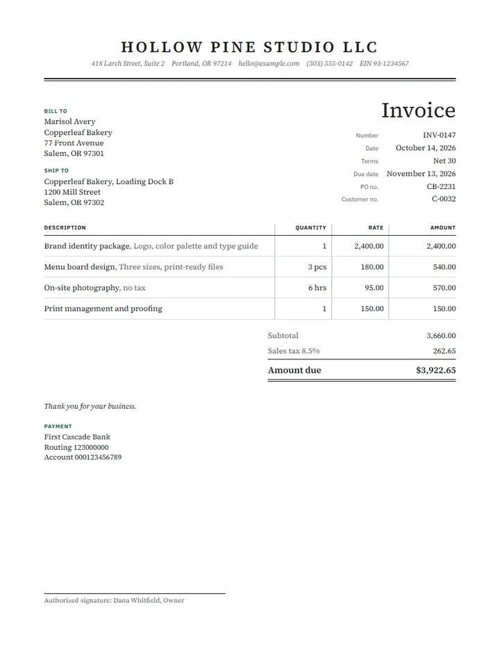 Standard invoice template on the Ledger design: a formal serif invoice with a table of items, quantities, unit prices and amounts, and totals below