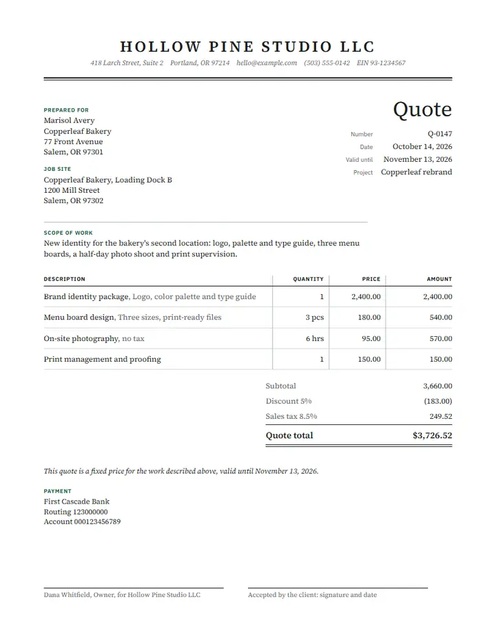 Standard quote template on the Ledger design: a formal serif quote with a table of items, quantities, unit prices and amounts, a valid-until date and a total