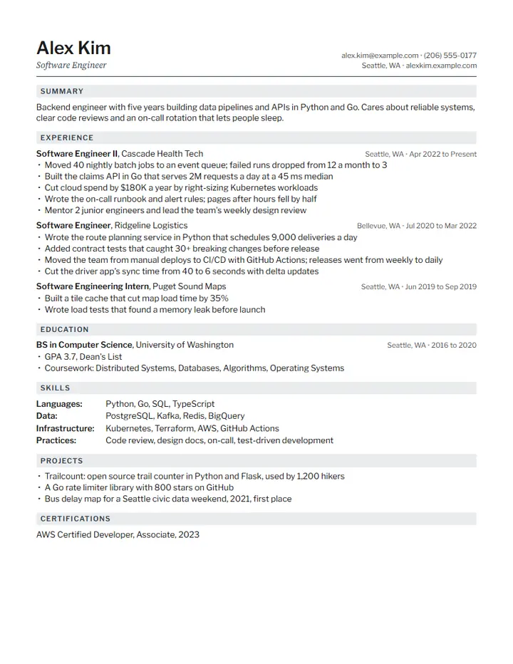 Datum resume template: a compact one-page resume with gray bands behind section titles and skills in a label column