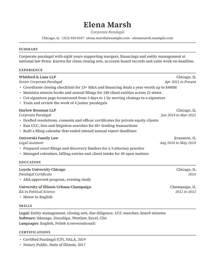Harbor resume template: a classic one-column serif resume with a centered name and small capital section titles