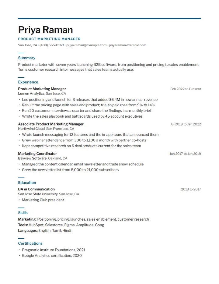 Meridian resume template: a modern sans-serif resume with a blue bar at the top and short color rules above each section